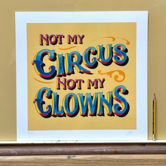 🎪🤡Did you know it was World Circus Day this week? Carters Steam Fair has always had many connections with the wonderful world of the travelling circus including opening with Gerry Cottle (a lifelong friend) at Clapham Common at Christmas 1984. Joby recalls that it was freezing cold, but he loved the magic and romance of it. 

🎪The Carters were friends with Nell Gifford who sadly passed away at the end of 2019 and Joby is a huge fan of Giffords Circus. The Royal Windsor wagon was famously owned by Ronnie and Kay Smart, Ronnie being the son of Billy Smart from Billy Smarts Circus. So many connections and so many similarities with fairgrounds and circuses. 

Why are we telling you this? 

We’ve just added a new limited edition print to Joby’s wall art collection. 

🤡 'Not my circus, not my clowns' is a 12 inch premium print of Joby’s original handpainted design. There are only 50 in existence and each one has been signed and numbered by Joby. You'll get free UK delivery included with each print too. 

If you’d like one for your home or office (where do you mutter this kind of statement this most?!), you can find out more here: 
https://jobycarter.com/product/notmycircus/ 

#heritageskill #fancylettering #letterlovers #typographylove #notonamazon #maidenhead #traditionalskills #fineartprints #fairgroundartwork #myroyalborough #supportlocal #gallerywallinspo #signwriting #handpainted #handpaintedletters #berkshirebusiness