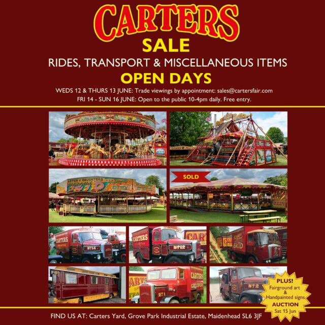 🎠 NEW! 2024 SALE of remaining vintage fairground rides and vintage vehicles with three public Open Days on Friday 14, Saturday 15 and Sunday 16 June. 

👉 There will be an auction of fairground art and handpainted signs on Saturday at 12 noon (free entry, all are welcome with items with guide prices of from £30-£500 available)
👉 On Sunday we're holding our third Signwriting Sunday event. It's free entry all day from 10-4pm with signwriting demonstrations throughout the day and the chance to stock up on signwriting supplies or buy a unique handpainted sign. 

🎠 Remaining fairground rides and vintage vehicles for sale (some newly listed) This next phase of the sale of the fair also includes various assorted spares, fairground related equipment, memorabilia and artefacts. 
We'll be open for trade viewings on Weds 12 and Thursday 13 June or you can join us across the weekend. 

You can see more details on the Carters website under 'sale of fair' .

#maidenhead #vintagevehicles #steamfair #cartersssteamfair #auction #heritagecrafts #signwritingworkshop #fairgroundartist #restoration