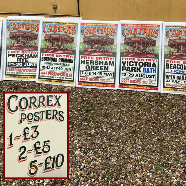 Join us in Maidenhead on Saturday 9 November from 9-2pm for a Carters Yard shop sale. This is a smaller scale event than previous open days but you are welcome to look at the current restoration projects we have taking place. A great chance to stock up on any unique hand painted items or some fairground memorabilia for a Carters Steam Fair fan.

The following will be available: 
👉Carters promotional signs (correx signs) at a discounted price of £3 each, 2 for £5 or 5 for £10. 
👉Save up to 40% on the hand painted alphabet letters which were painted by Joby and team for his second book: All the Fonts of the Fair
👉Special offers on many of our posters and old Carters collectable posters and banners. 
👉 See our new range of fridge magnets featuring Joby's signwriting in miniature: ideal stocking fillers (buy any 4 for £13.50)
👉Various artefacts available ranging from Scammell spare parts, Gardener parts, 110v light bulbs and electrical goods such as plugs and leads. 

For any transport fans you'll be able to see two of our Scammells ('Kathleen' and 'The Maidonian' and our Atkinson Venturer which are all up for sale.
 
Our yard manager Steve will also be available to talk about any restorations projects you might have coming up in 2025: our workshop diary is open for bookings. 

Free entry all morning, all are welcome!

Find us at;
📍Carters Yard, Grove Park Industrial Estate, Waltham Road, White Waltham,
Maidenhead, SL6 3JF 

 #signwriter #vintagefunfairs #whitewaltham #steamfair #traditionalskills #maidenhead #fairgroundartwork #heritageskill #cartersssteamfair #gallerywalldecor #signwritinglondon #letterlovers #shopsmall #vintagevehicles #handpaintedsigns #fancylettering #fairgroundstyles